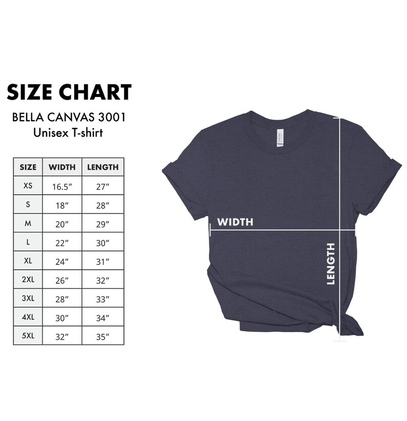 Pu&ograve; includere: Una t-shirt unisex blu navy con una tabella delle taglie. La tabella elenca le taglie dalla XS alla 5XL, con le corrispondenti misure di larghezza e lunghezza in centimetri. La t-shirt &egrave; di Bella Canvas 3001.