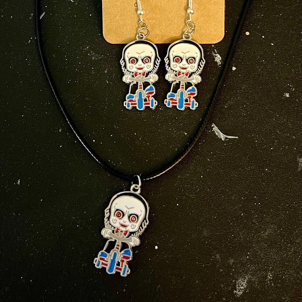 Spine-Chilling Billy Puppet Jewelry Set – Horror Movie Inspired Earrings and Necklace