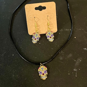 Handmade Sugar Skull Jewelry Set - Boho Chic Dia de los Muertos Necklace and Earrings option #7 by Loves2Stitch