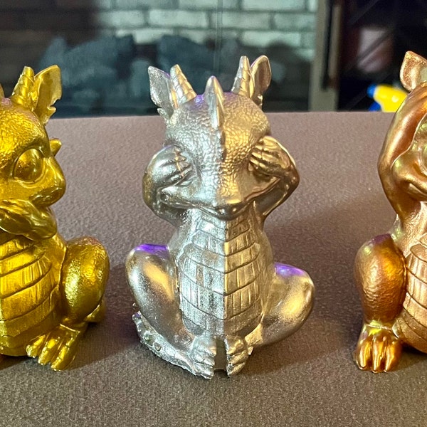 3 pc Set Dragon Figurines See, Hear, Speak no evil, Metallic Resin Art Statues, Fantasy Home Decor. Gold, Silver and Bronze collection