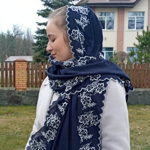 Dark blue scarf. Embroidered Orthodox chiffon hair scarf for women. Long head covering. Personalized lightweight head scarf. Christian veil.