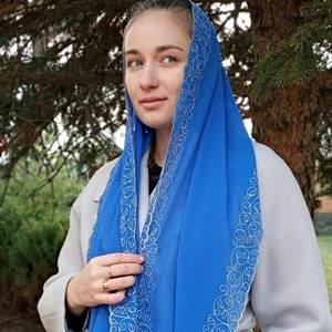 Embroidered lightweight blue scarf. Handmade floral hair scarf for women. Long head scarf. Chiffon orthodox head covering. Christian veil.