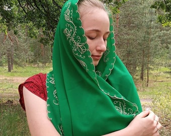 Embroidered green hair scarf. Personalized lightweight chiffon handmade floral scarf for women. Long head scarf. Orthodox head covering.