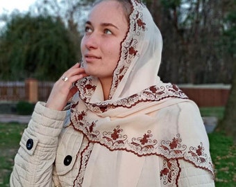 Orthodox handmade embroidered scarf. Cream floral chiffon hair scarf for women. Personalized head covering. Long lightweight  head scarf.