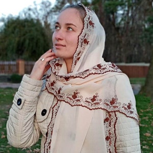Orthodox handmade embroidered scarf. Cream floral chiffon hair scarf for women. Personalized head covering. Long lightweight  head scarf.