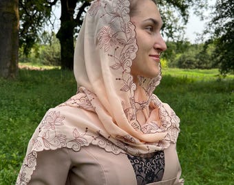 Lightweight Christian Veil: Beige Embroidered Orthodox Headscarf