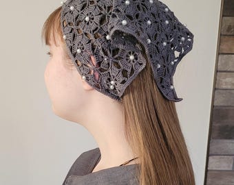 Beaded Triangle Scarf – Grey Floral Crochet Bandana. Christian Veil