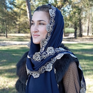 Orthodox veil. Embroidered lightweight blue scarf. Handmade floral hair scarf for women. Long christian head scarf. Chiffon head covering.
