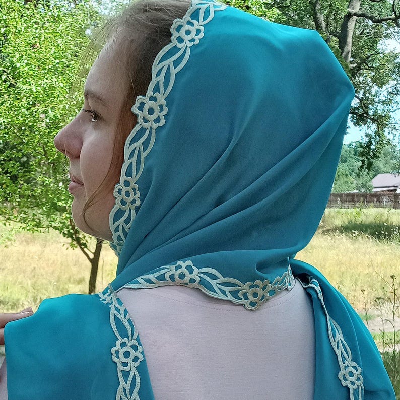 Brown Prayer Shawl — Eastern Christian Scarf. Womens Head Scarf Turquoise