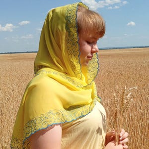 Puede incluir: Un pañuelo amarillo con ribete bordado azul. El pañuelo está drapeado sobre la cabeza y los hombros. El fondo es un campo de trigo bajo un cielo azul.