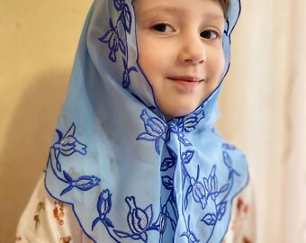 Embroidered Kids Scarf: Blue Rose Buds, Chiffon Small Scarf