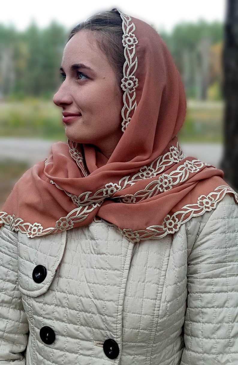 Brown Prayer Shawl — Eastern Christian Scarf. Womens Head Scarf image 3