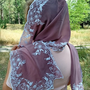 Orthodox head covering - christian veil. Embroidered chiffon hair scarf for women. Lightweight head scarf. Lightweight long head wrap