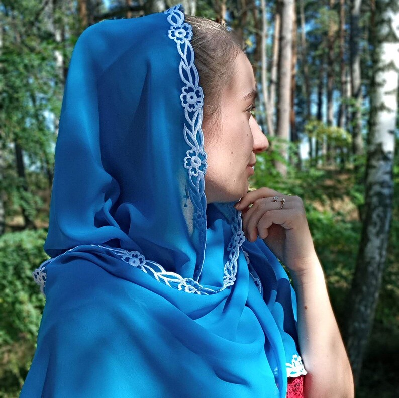 Brown Prayer Shawl — Eastern Christian Scarf. Womens Head Scarf Light Blue
