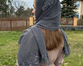 Soft Embroidered Grey Orthodox Veil – Floral Church Scarf