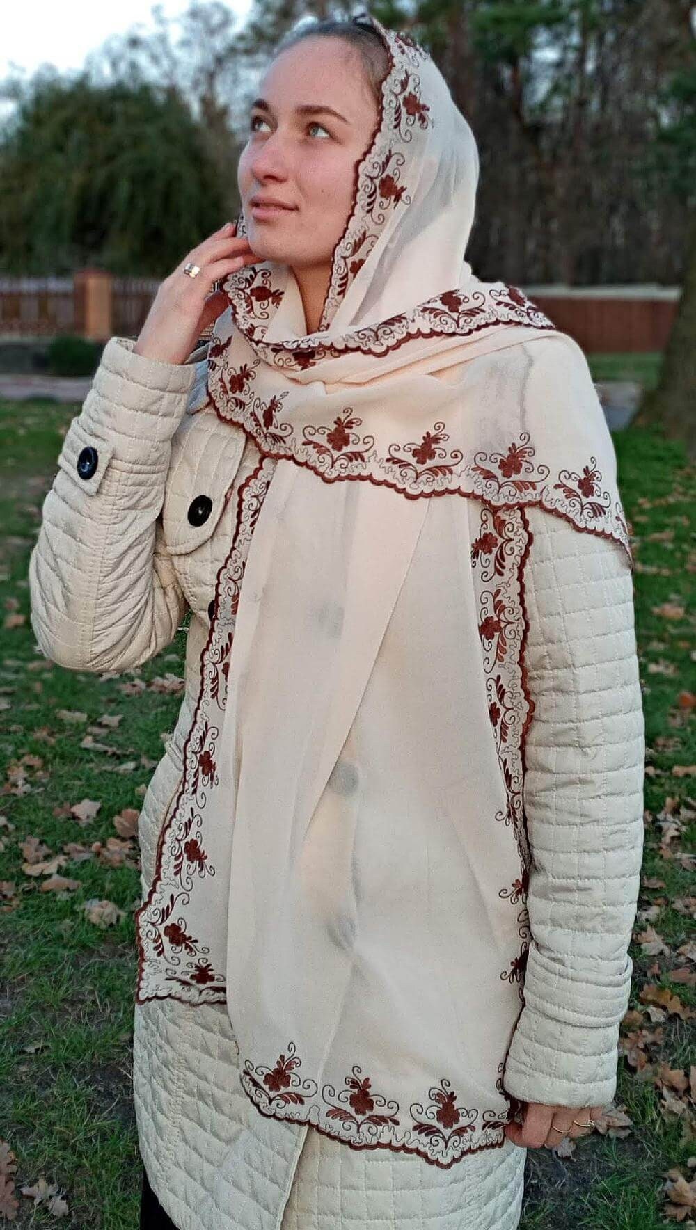 Orthodox Embroidered Scarf. Cream Floral Chiffon Hair Scarf