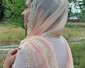 Delicate Prayer Scarf: Embroidered Chapel Veil. Cream Shawl