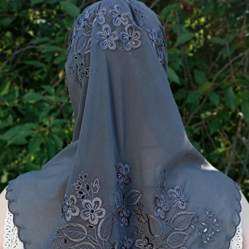Embroidered Triangle Scarf: Chiffon Floral Orthodox Christian Veil Gray