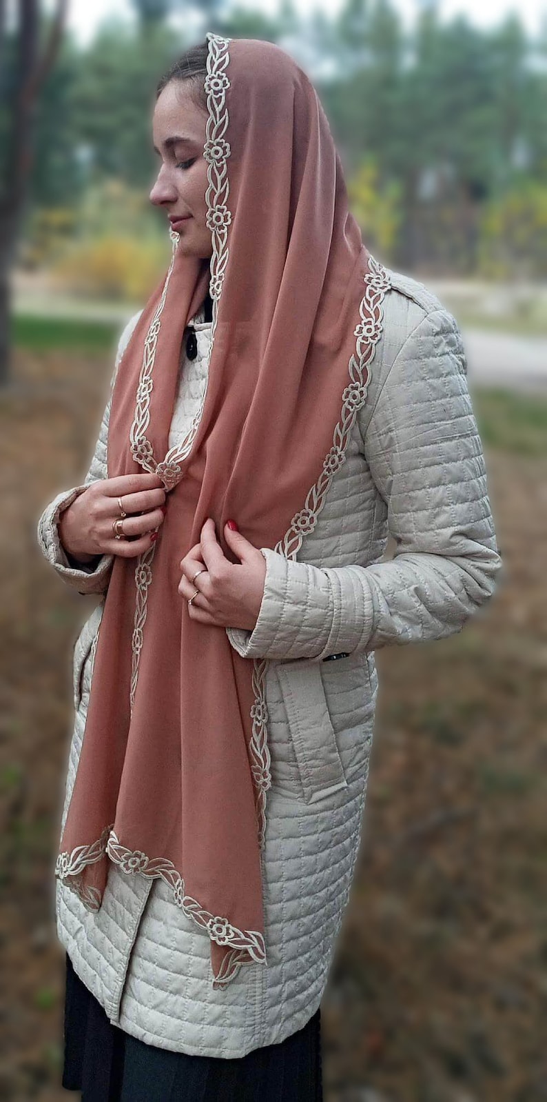 Brown Prayer Shawl — Eastern Christian Scarf. Womens Head Scarf image 2