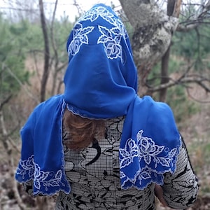 Blue embroidered chiffon scarf. Orthodox floral hair scarf for women. Lightweight long head covering. Christian veil. Women head wrap.