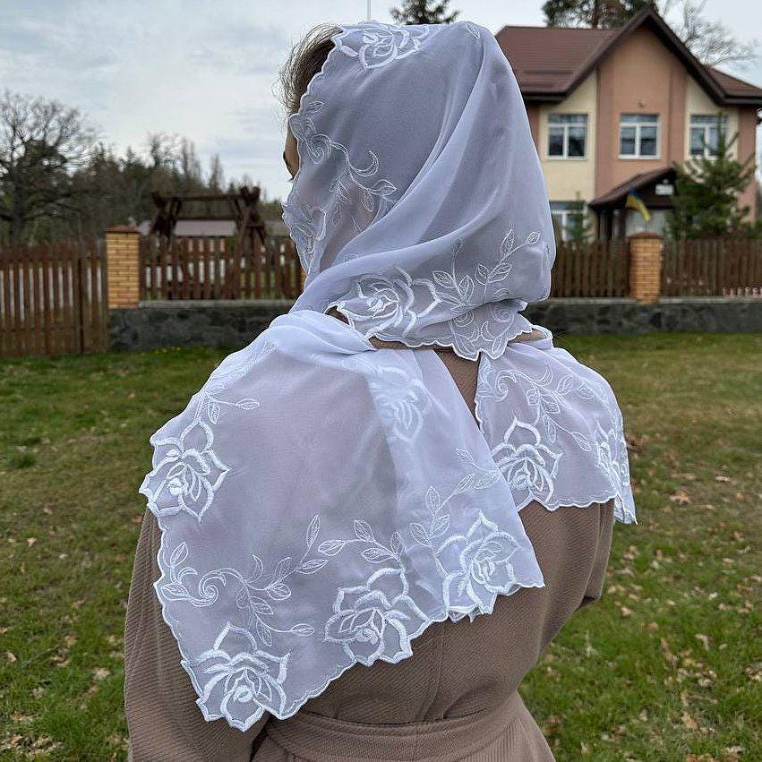 Silver-Accented Headwrap: White Orthodox Scarf