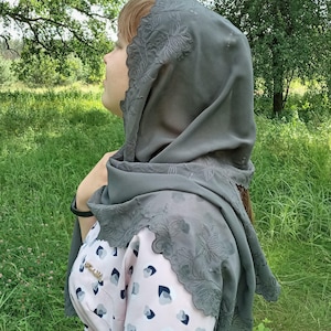 Orthodox veil - gray orthodox head scarf. Embroidered chiffon scarf. Floral hair scarf for women Lightweight long women head wrap