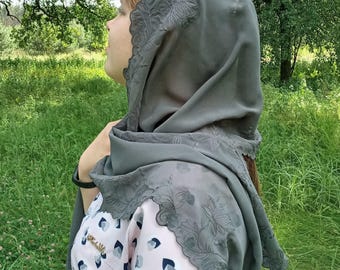 Elegant Embroidered Christian Veil — Long Orthodox Headscarf.