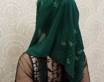Silver-Accented Embroidered Hair Scarf: Dark Green Triangle Scarf. Christian Kerchief