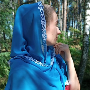Light blue theotokos head scarf. Chiffon Embroidered hair wrap. Eastern christian Orthodox church veil. Women covering. Long shawl.