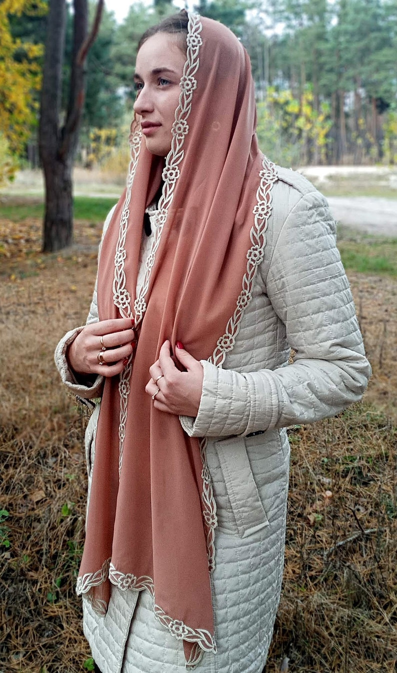 Brown Prayer Shawl — Eastern Christian Scarf. Womens Head Scarf image 4