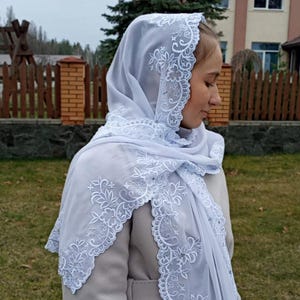 White head scarf. Embroidered chiffon floral lightweight hair wrap women. Long shawl covering. Christian orthodox prayer veil. Church wrap