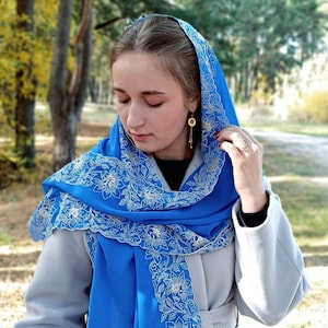 Embroidered head scarf. Floral chiffon hair shawl for women. Personalized head covering. Long orthodox handmade head scarf. Christian veil