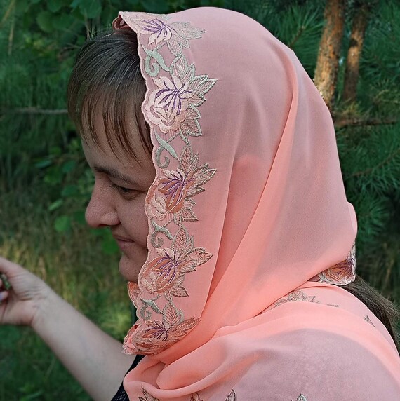 Peach Embroidered Light Orange Floral Chiffon Hair Scarf