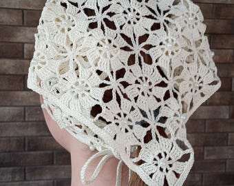 Beaded Crochet Bandana. Milk Prayer Scarf
