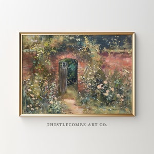 Vintage Oil Painting Style Walled Garden with Wildflowers English Countryside Cottagecore Farmhouse Decor Printable Art