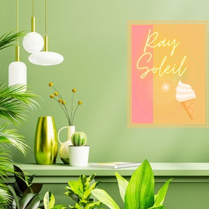 Affiche rétro Summertime vibes : glace au cornet et soleil. Art mural numérique imprimable sous forme de poster A3 ou de carte postale de 10 x 15 cm.