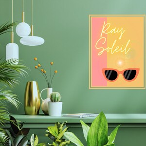 Affiche rétro Summertime : lunettes de soleil et soleil. Art mural numérique imprimable disponible sous forme de poster A3 ou de carte postale de 10 x 15 cm.