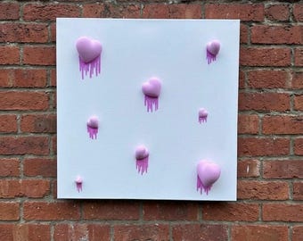 Melting Hearts 3D Wall Art | Mixed Media Canvas Decor | Pink Pop Art Heart Sculpture | Modern Romantic Gallery Piece