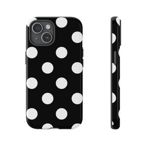 ホワイトポルカドット柄ブラックスマホケース、彼女へのプレゼント、トレンド感たっぷりのケース、iPhone 16/15/14/13/12/11/10/XR Pro Max、S23 S22 S21 Ultra、Google