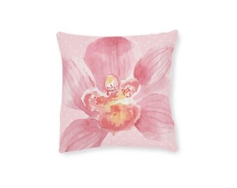Cojín de orquídea con lunares rosas, cojín cuadrado, cojín de gamuza sintética con parte trasera rosa, decoración del hogar, cojín floral rosa, regalo para ella