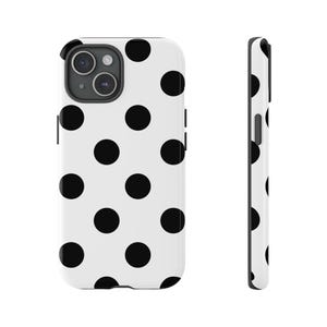 ブラック ポルカドット スマホケース ホワイト、iPhone 16/15/14/13/12/11/10/XR Pro Max、S23 S22 S21 Ultra、Google