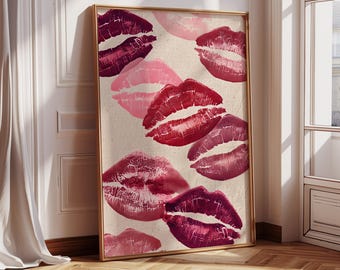 Téléchargement numérique texturé de baiser de rouge à lèvres, art numérique de marque de rouge à lèvres vibrant, art mural girly, affiche preppy