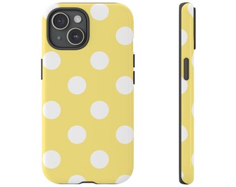 Etui na telefon w białe kropki, żółte, prezent dla niej, modne etui, iPhone 17/16/15/14/13/12/11/10/XR Pro Max, S23 S22 S21 Ultra, Google
