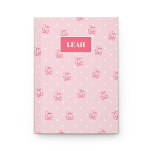 Personalised Polka Dot Cherry Bow Hardcover Journal, Pink White Notebook, Cute Bullet Planner, Dotted Diary for Girls, Dot Grid