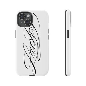 May include: White phone case with a black cursive script design that reads "Judy". The case has a black border and a camera cutout. The side view shows the case's thickness and button placement.