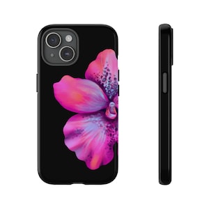 Black Case Pink Orchid Tough Phone Case, Trendy Floral Design, Gifts for Her, iPhone 15/14/13/12/11/10/XR Pro Max, S23 S22 S21 Ultra, Google