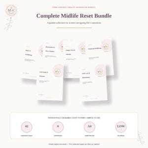 May include: A digital workbook bundle titled Complete Midlife Reset Bundle, featuring six individual workbooks with titles including Body & Wellbeing, Retirement & Next Chapter, Empty Nest & Identity, Financial Wellbeing, Life Goals & Purpose, and Self-Care & Boundaries.