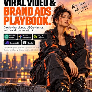 Könnte beinhalten: Ein digitaler Leitfaden mit dem Titel The AI Viral Video & Brand Ads Playbook mit Text über KI-Tools wie ChatGPT, Gemini, Higgsfield, Seedance und CapCut. Das Cover zeigt eine Person in einer schwarz-orangen Jacke vor einer Stadtkulisse.