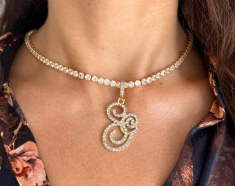 Initial Cursive Necklace | Letter Cubic Zirconia Chain Initial Name Necklace | Hip Hop Jewelry Gold | Iced Out Pendant Necklaces | Initials