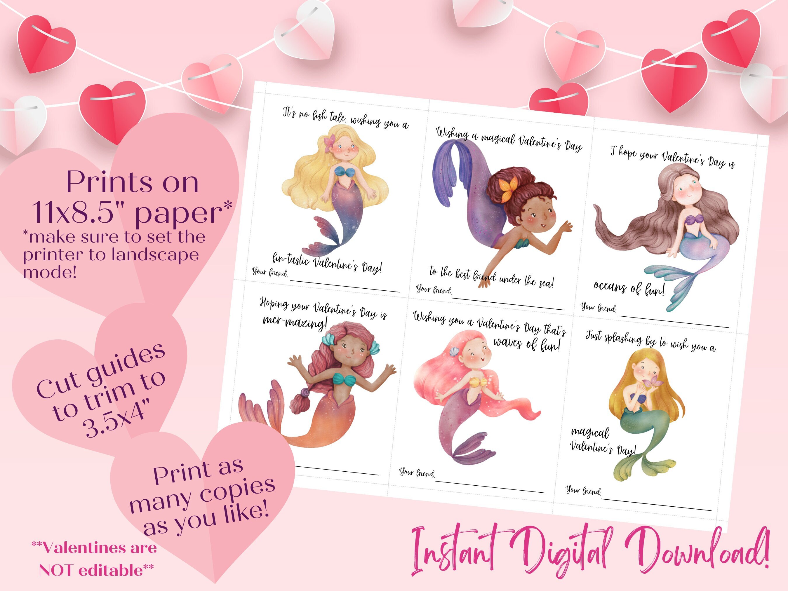 Mermaid Valentine's Day Cards: Printable Classroom Valentines (PDF) - Etsy
